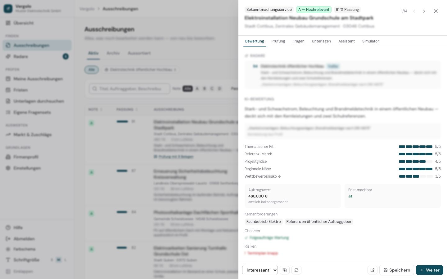 Die Bewertung einer Ausschreibung mit Note, Begründung und Zitaten