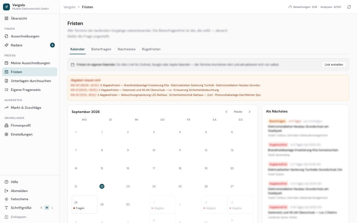 Der Fristenkalender von Vergolo mit Angebots- und Rügefristen